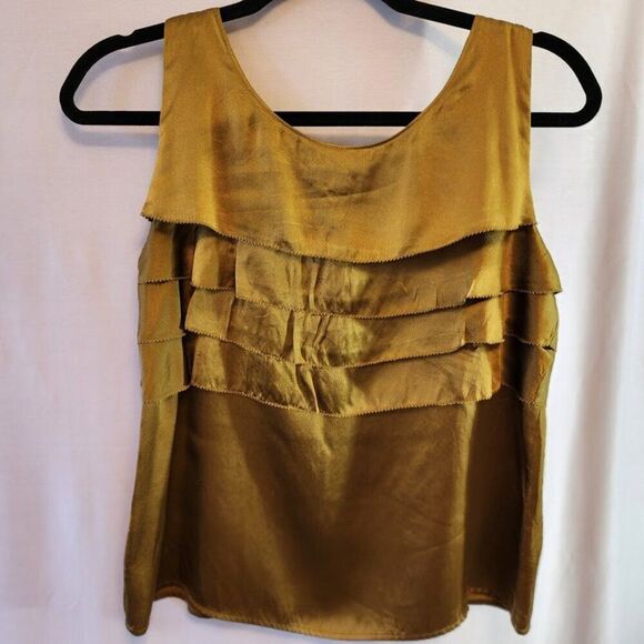 J. CREW FACT 100% SILK GOLD OCHRE BROWN TANK FRONT BACK RUFFLE SIZE 0 SIDE ZIP - Picture 5 of 7